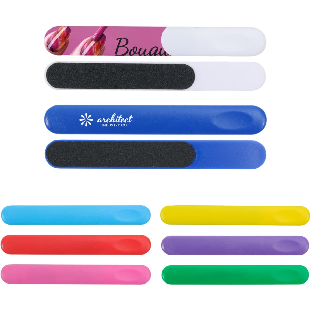 A collection of PS nail files in various colours, including blue, pink, white, red, purple, yellow, and green.