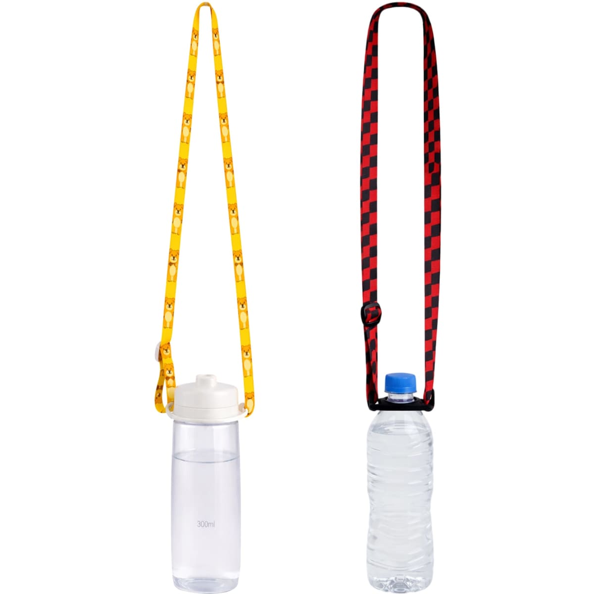 A drink bottle with a yellow lanyard and a second bottle with a black and red checkered lanyard. Both include logos.