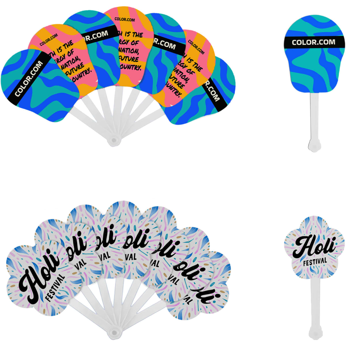 A set of seven plastic hand fans featuring colourful designs, including patterns and text, with a white handle.