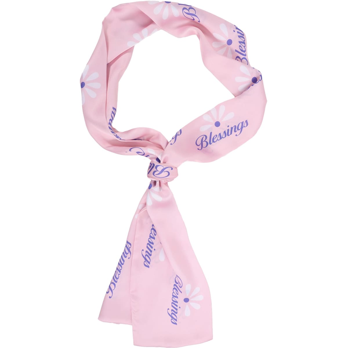 A pink chiffon long scarf featuring text and designs, with a logo present.