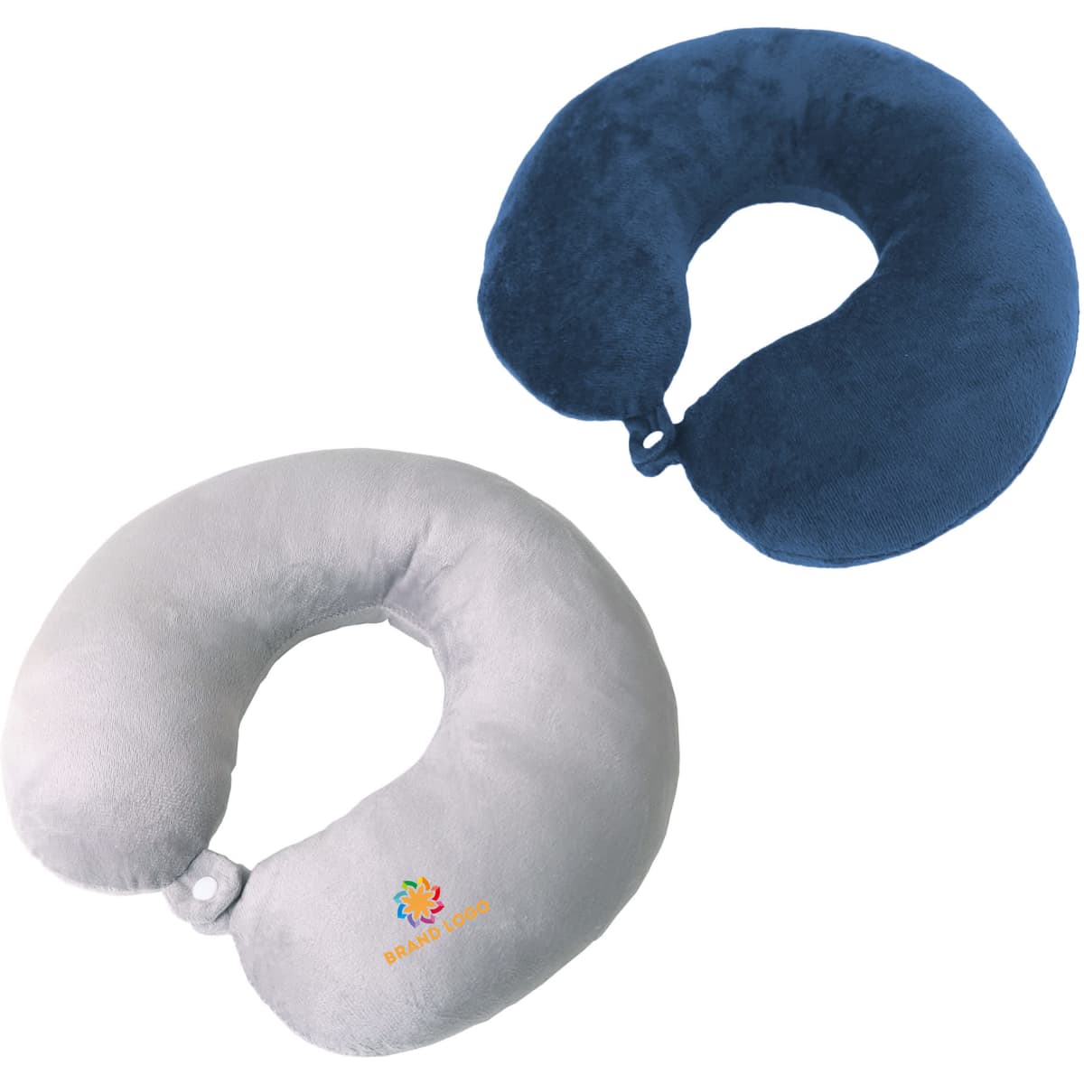 Two U-shaped travel pillows in grey and navy blue, featuring a logo on one of them.