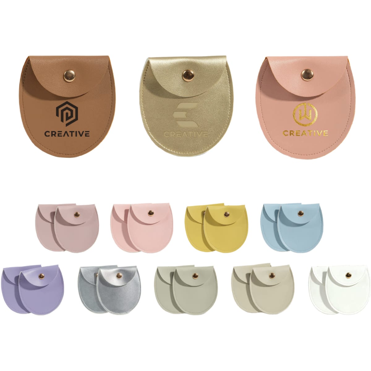 Oval PU leather jewellery pouches in various colours, including pink, purple, gold, and beige, with branding on some.