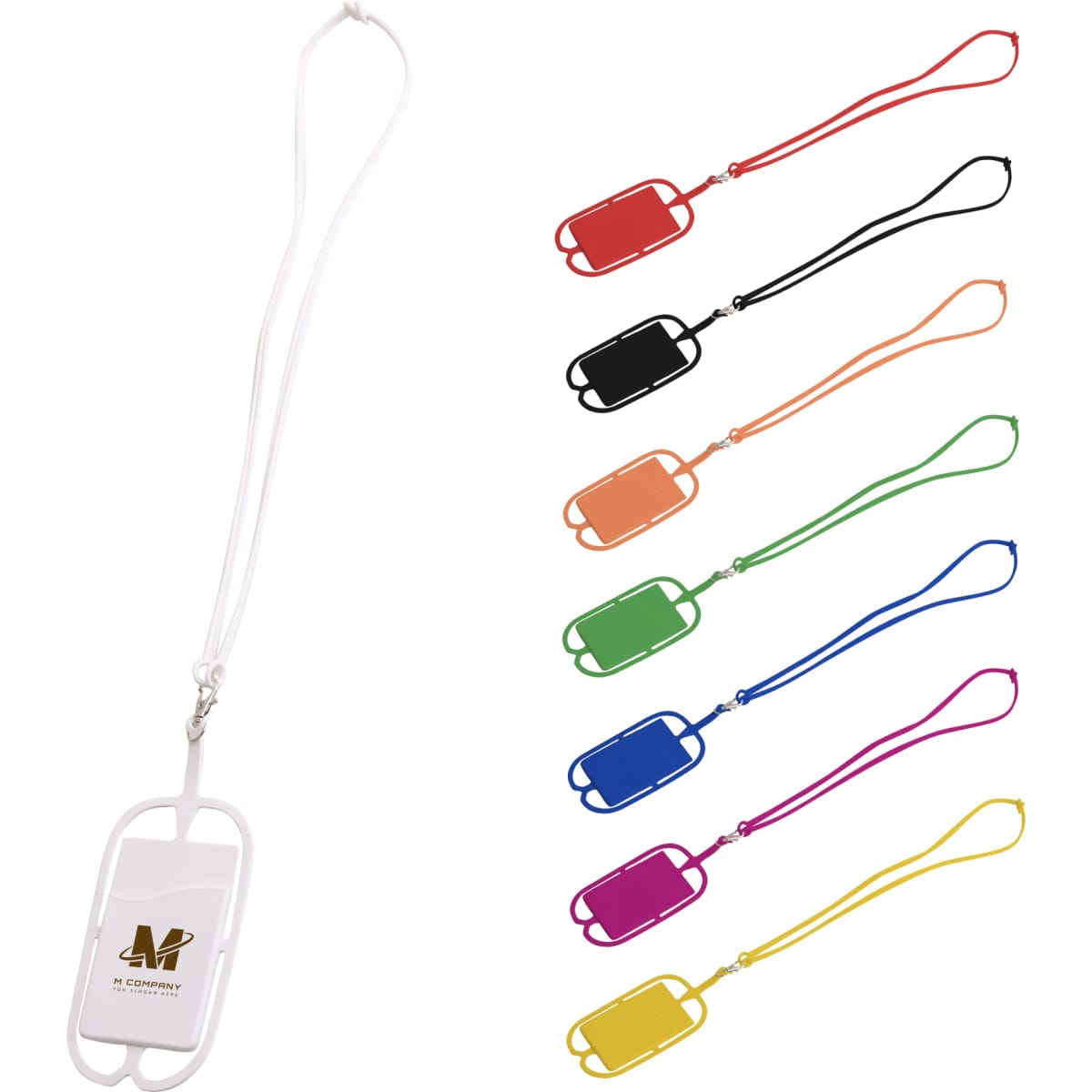 A phone holder with silicone lanyard available in various colours, including white, black, orange, green, purple, pink, and yellow.