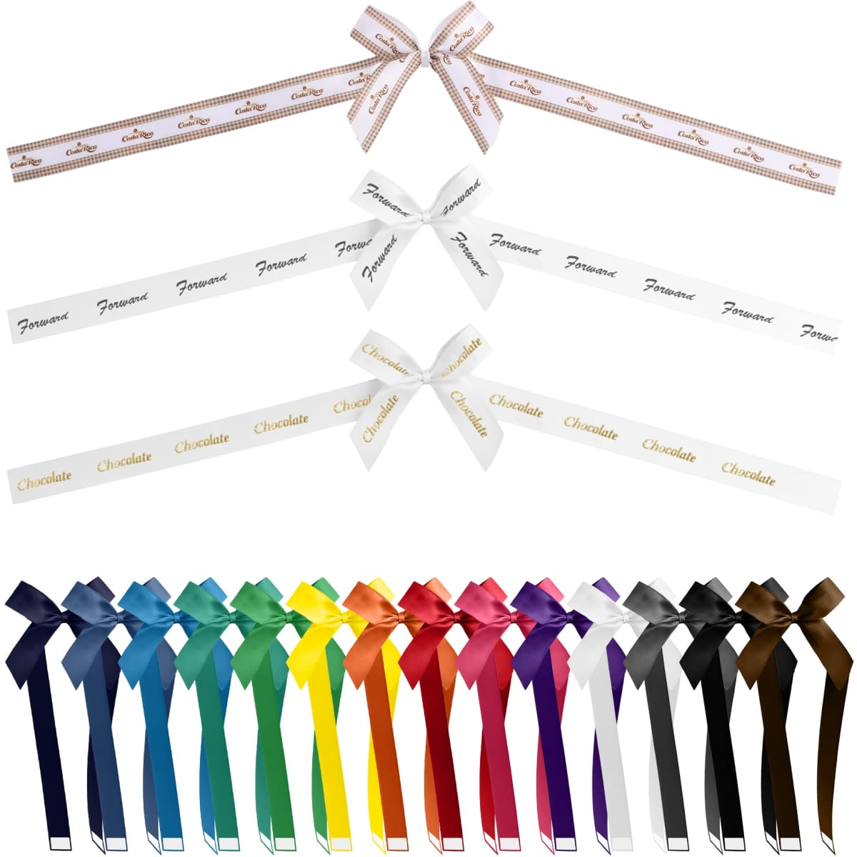 Adhesive ribbon bows in various colours, including gold, white, blue, green, and brown, displayed in multiple lengths and styles.