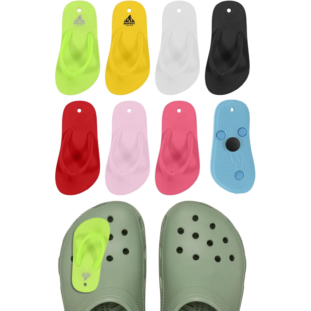 Colourful thong-shaped clog shoe charms in lime green, yellow, red, pink, white, black, and blue, arranged with a pair of green clogs.