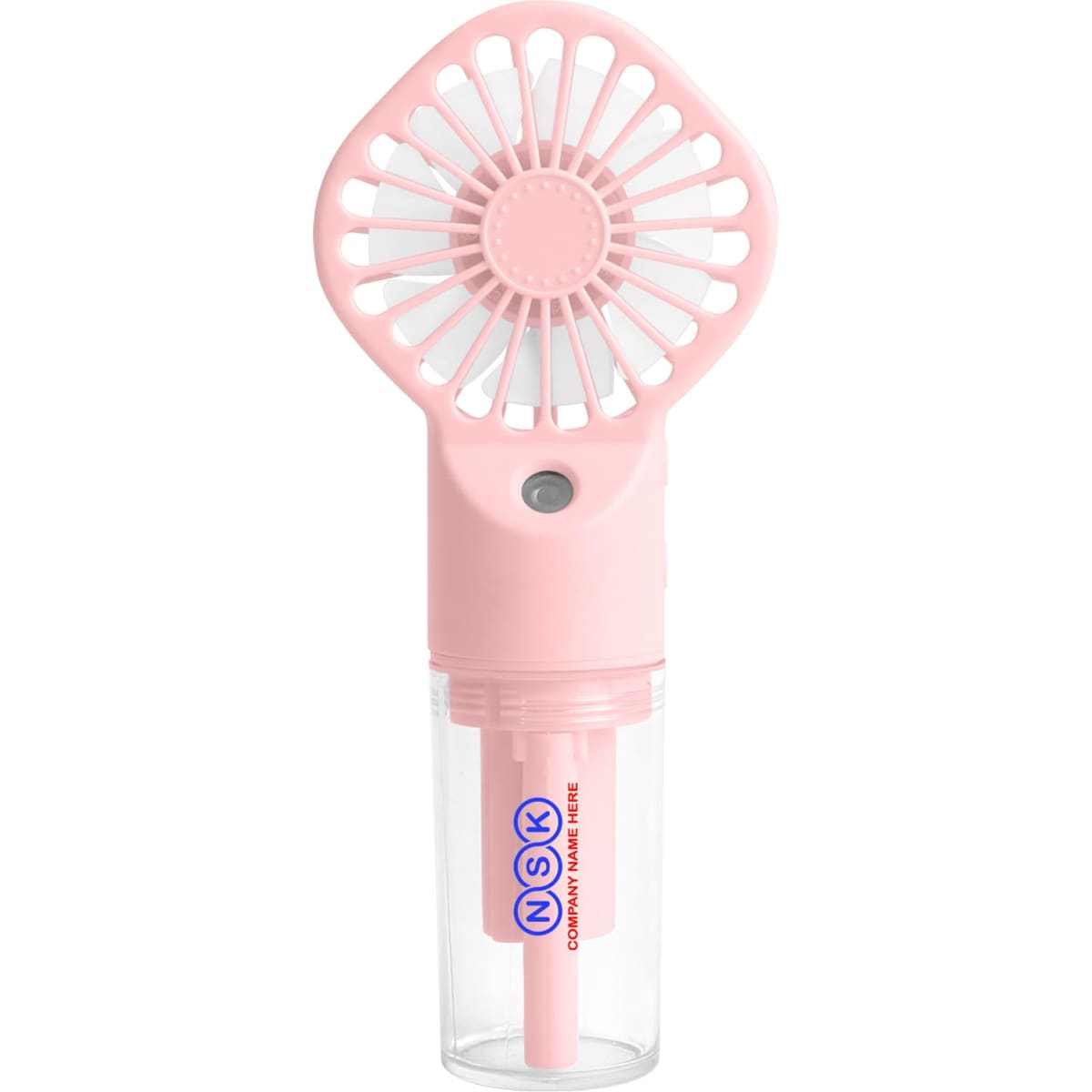 A handheld spray fan in pink with a clear water reservoir. It features a logo on the body.