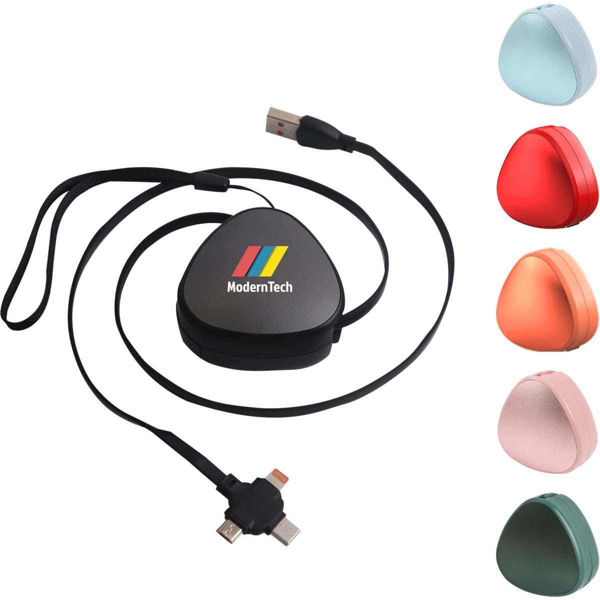 A portable 3-in-1 retractable charging cable in various colours with a logo on the casing.