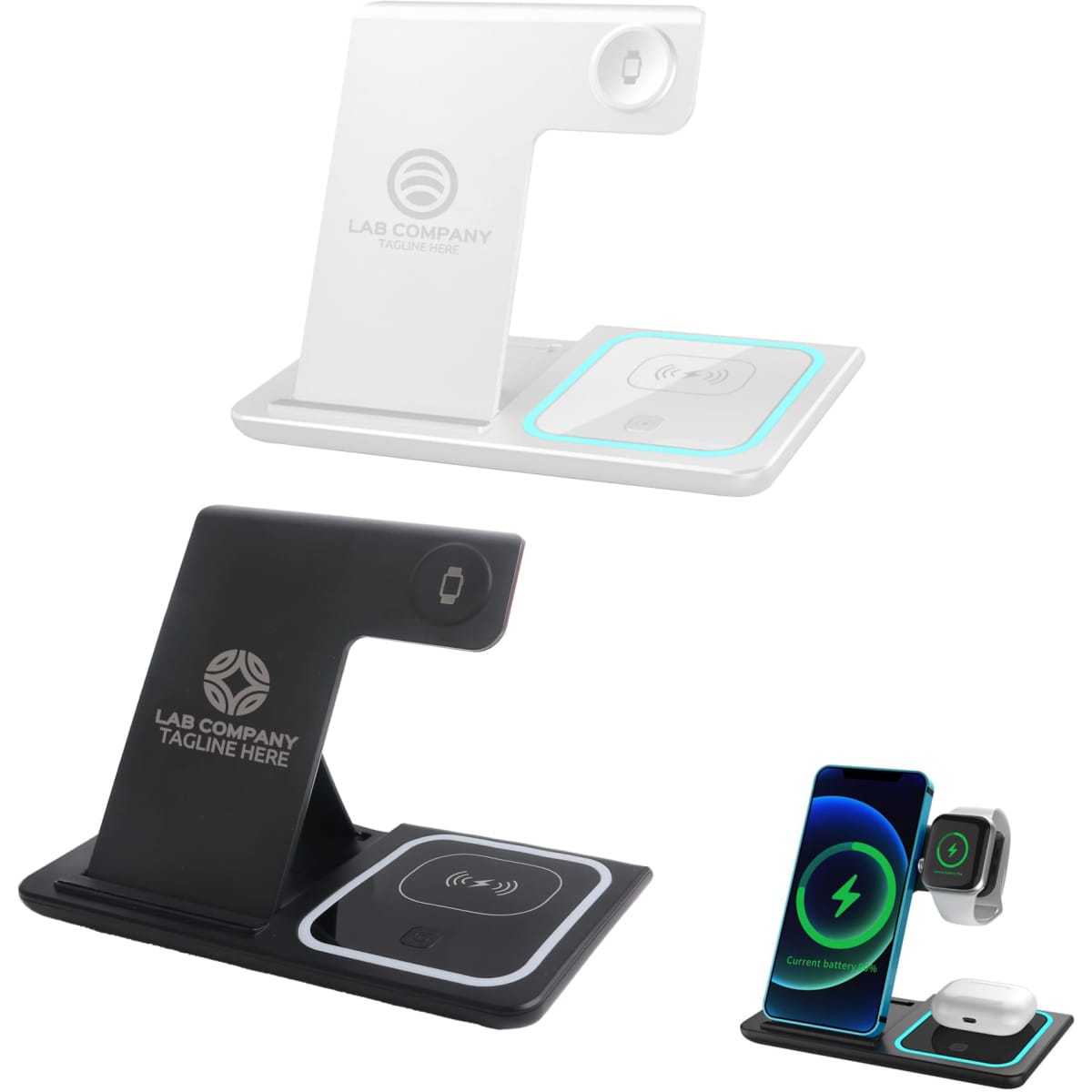 A 3-in-1 portable wireless charger in white and black, designed for charging phones and devices, featuring logos.