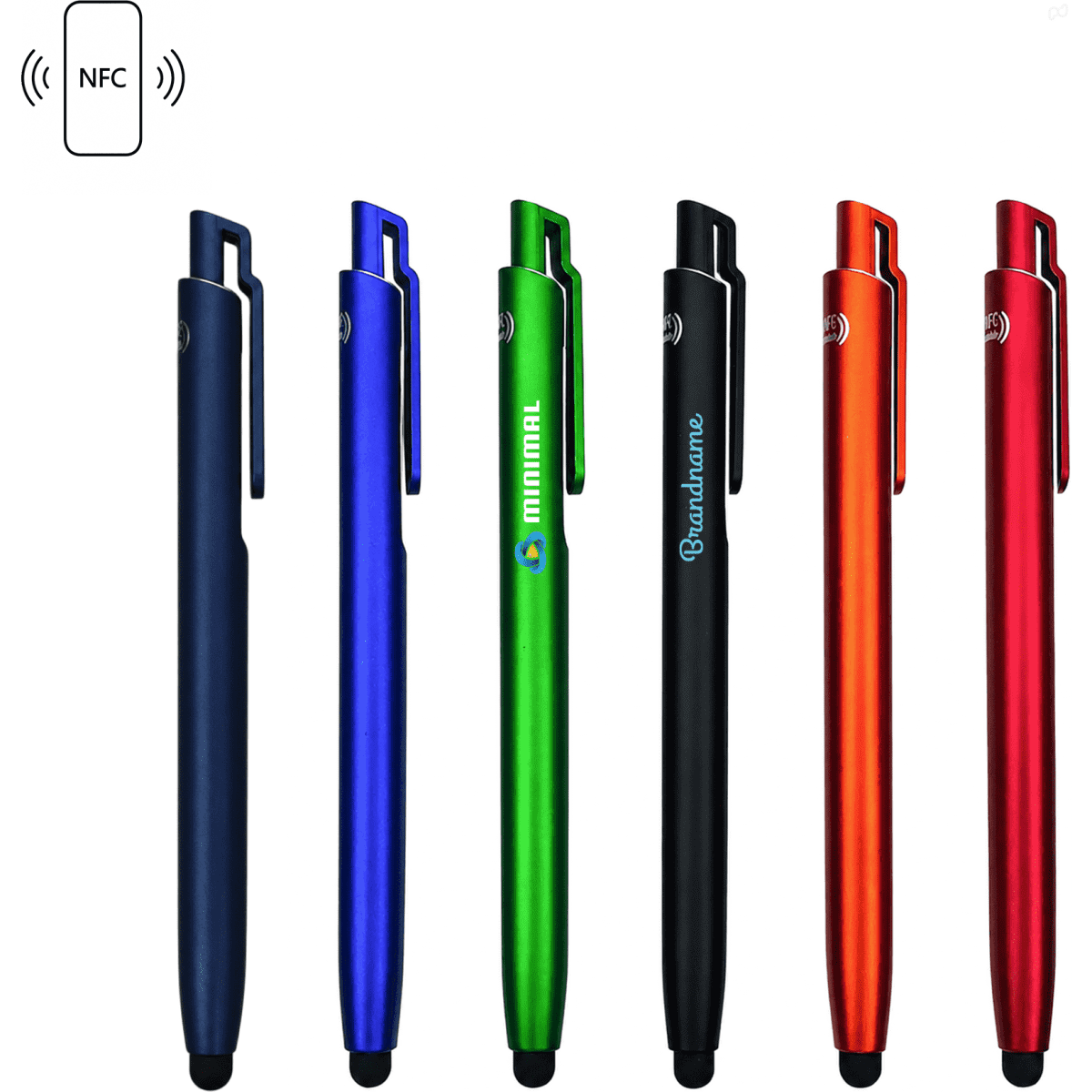 A collection of six stylus ballpoint pens in blue, green, black, red, and orange, with various branding and an NFC feature.