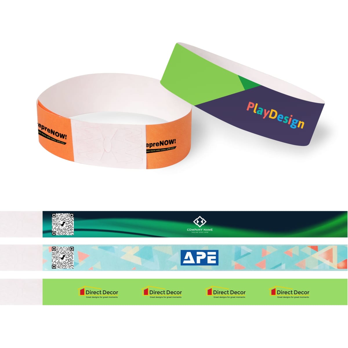 Full colour disposable Tyvek wristbands in orange, green, blue, and teal, featuring various designs and logos.