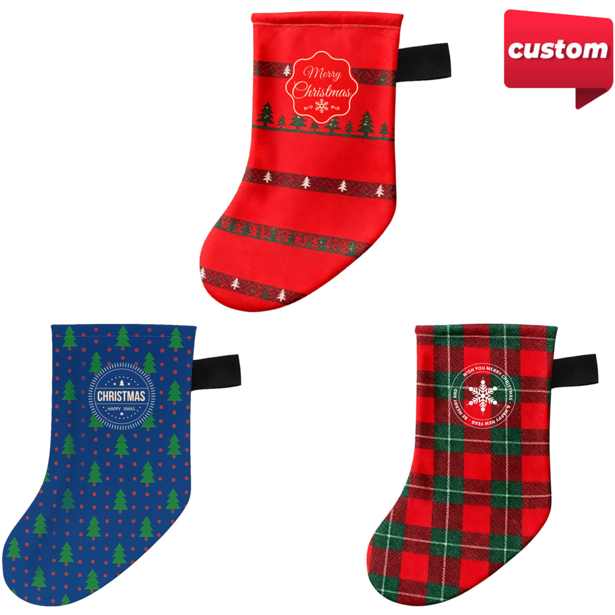 A set of three Christmas stockings, featuring red, green, and blue designs with various festive patterns and logos.