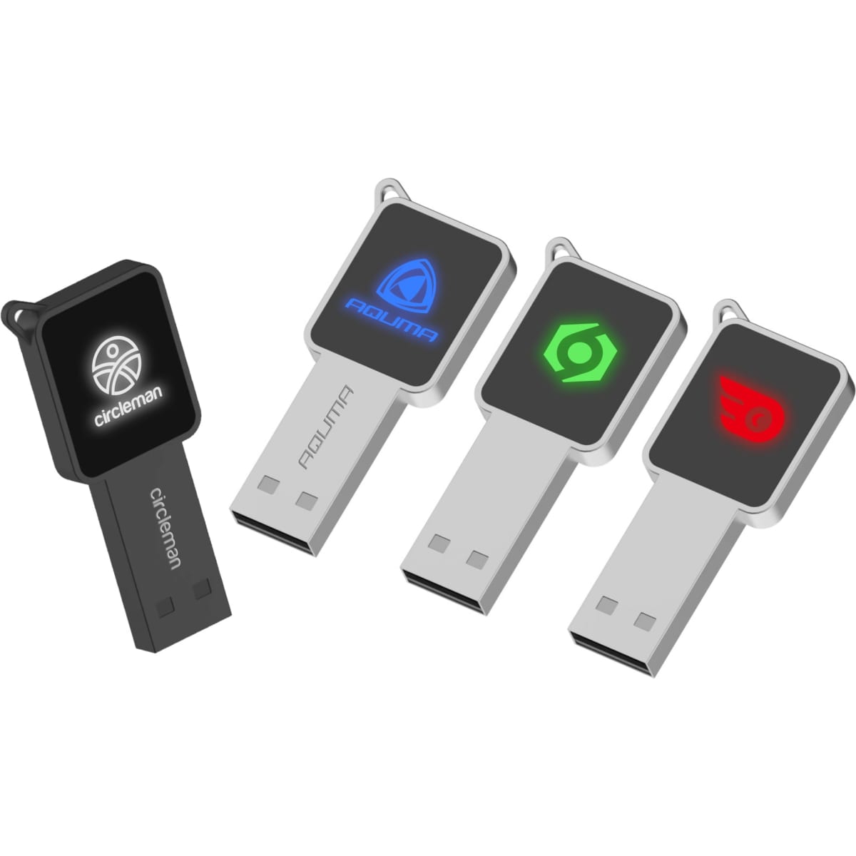 Square lighting logo flash drives in black and silver, featuring various illuminated logos on the front.