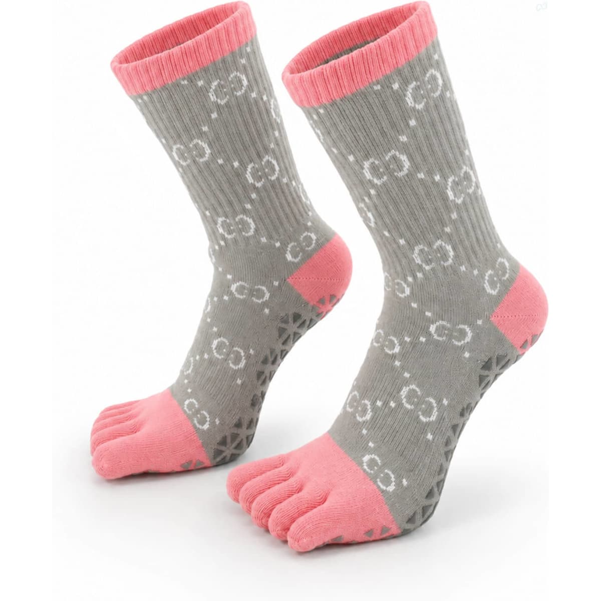 Custom sport toe socks in grey with pink ribbed cuffs and toe sections, featuring a patterned design and a logo.