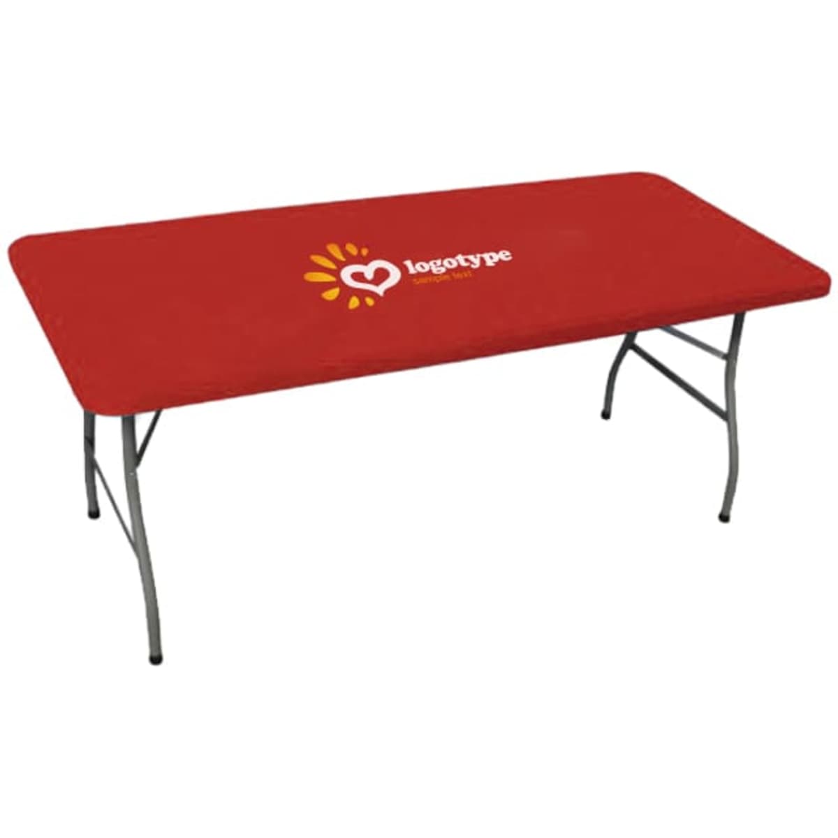 A red rectangular table topper with a logo, designed for a 6ft table and featuring folding legs.