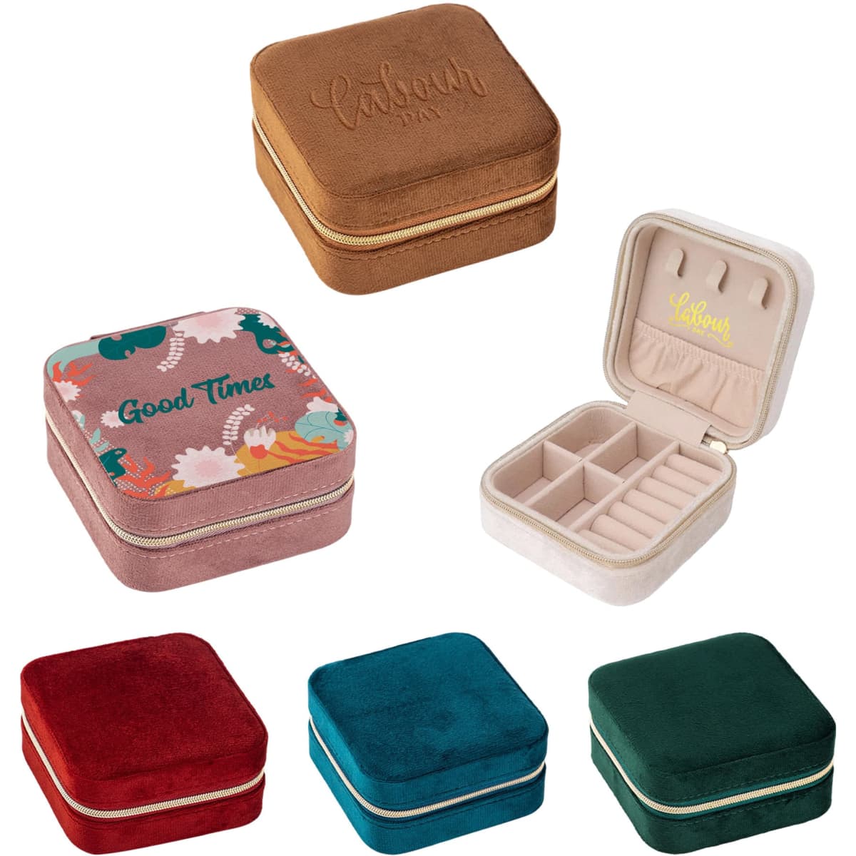 A collection of velvet jewellery organisers in various colours, featuring floral designs and a simple interior layout.