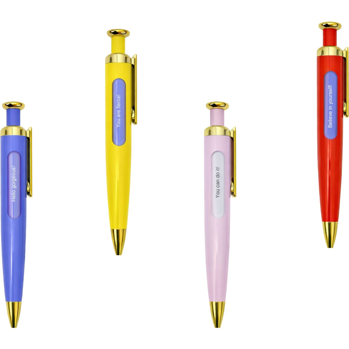 A set of four pens in purple, yellow, pink, and red with gold accents and a logo.