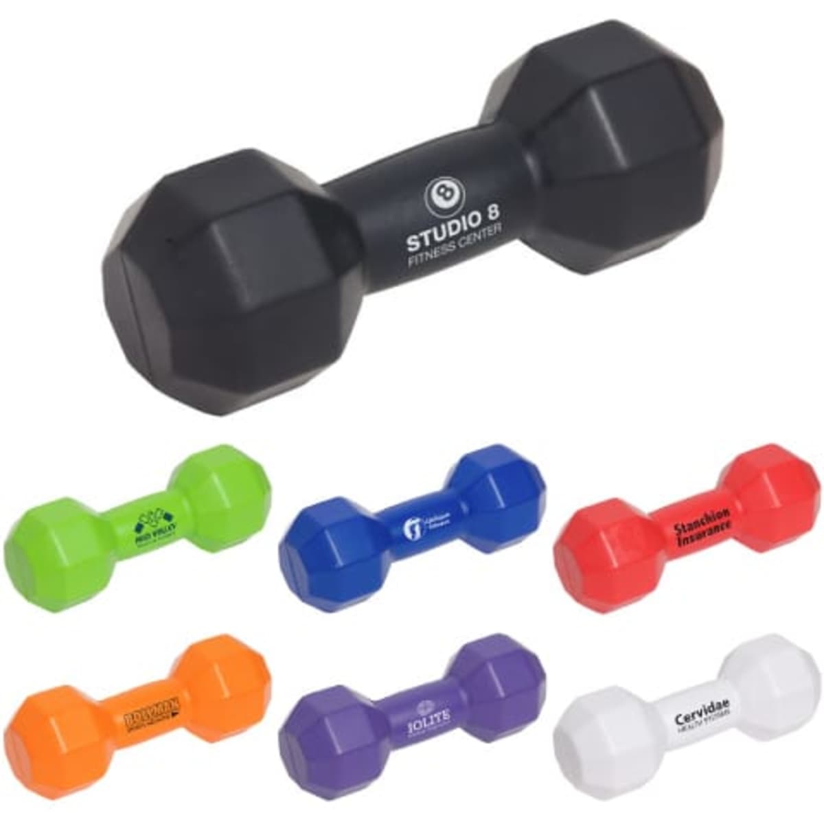 A collection of dumbbell-shaped stress relievers in various colours, including black, green, blue, red, and white, with branding.