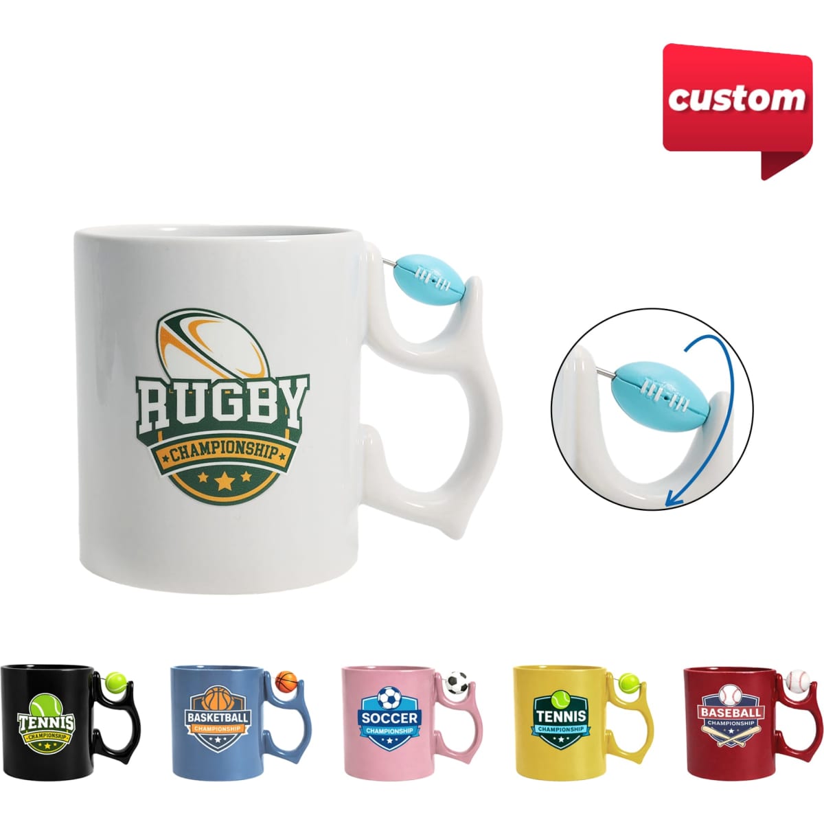 A white ceramic mug with a custom spinner toy on the handle, featuring a rugby design. Includes various coloured versions below.