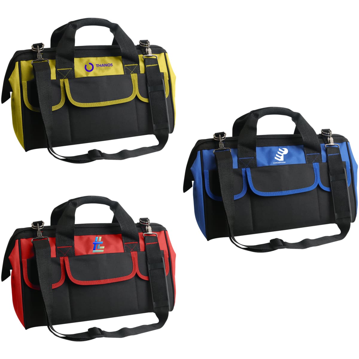 A tool bag featuring yellow, red, blue, and black colours, with multiple pockets and a shoulder strap.
