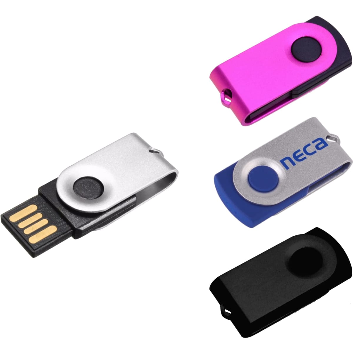 A set of four Mini Belton Flash Drives in pink, silver, blue, and black, each featuring a logo.