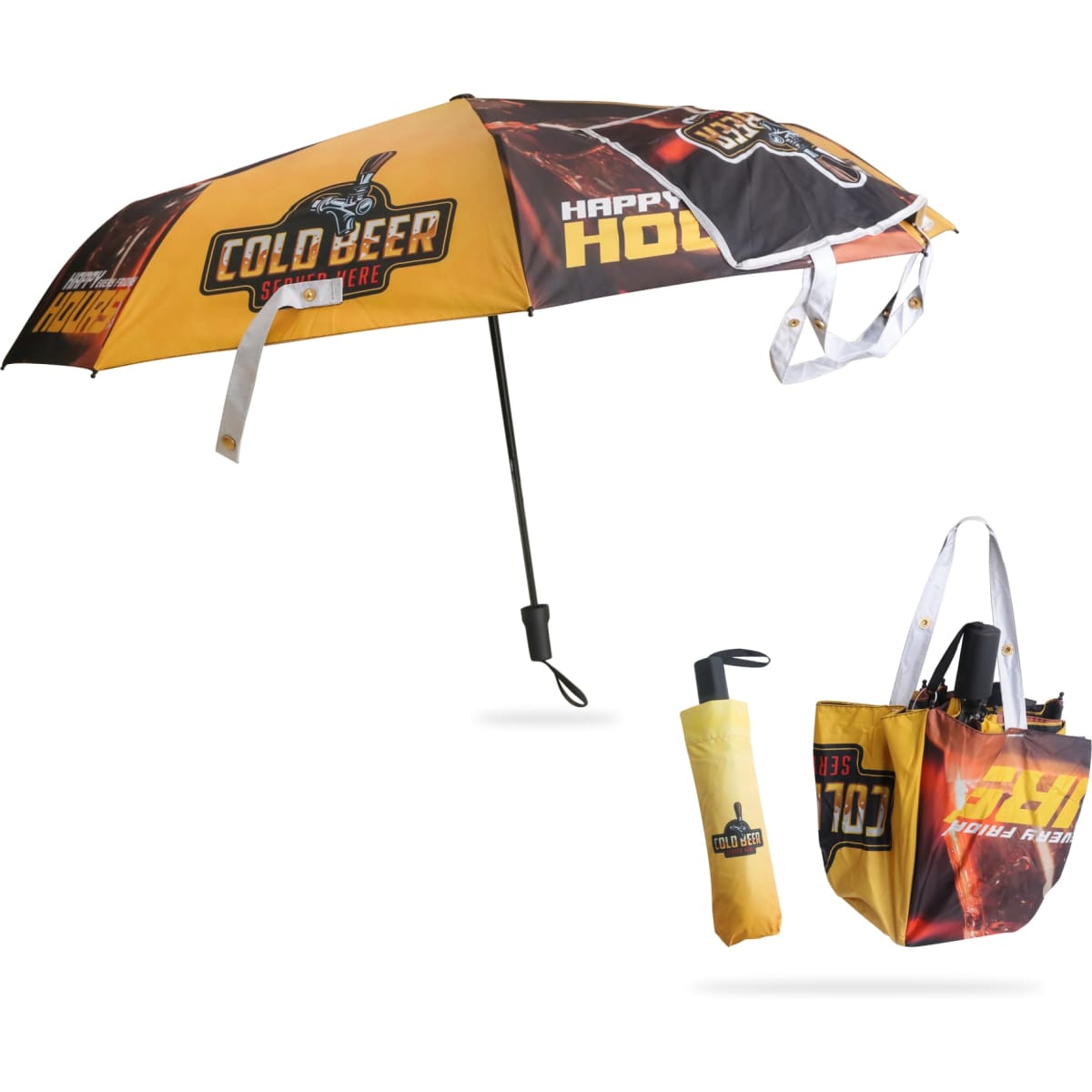 A folding umbrella in yellow and black, featuring a logo and packed in a matching bag for easy transport.