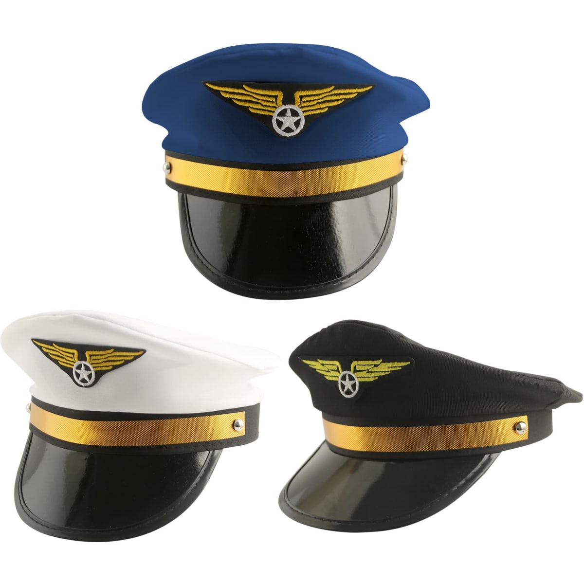 Three pilot-themed caps in blue, white, and black, featuring a gold band and a logo on the front.