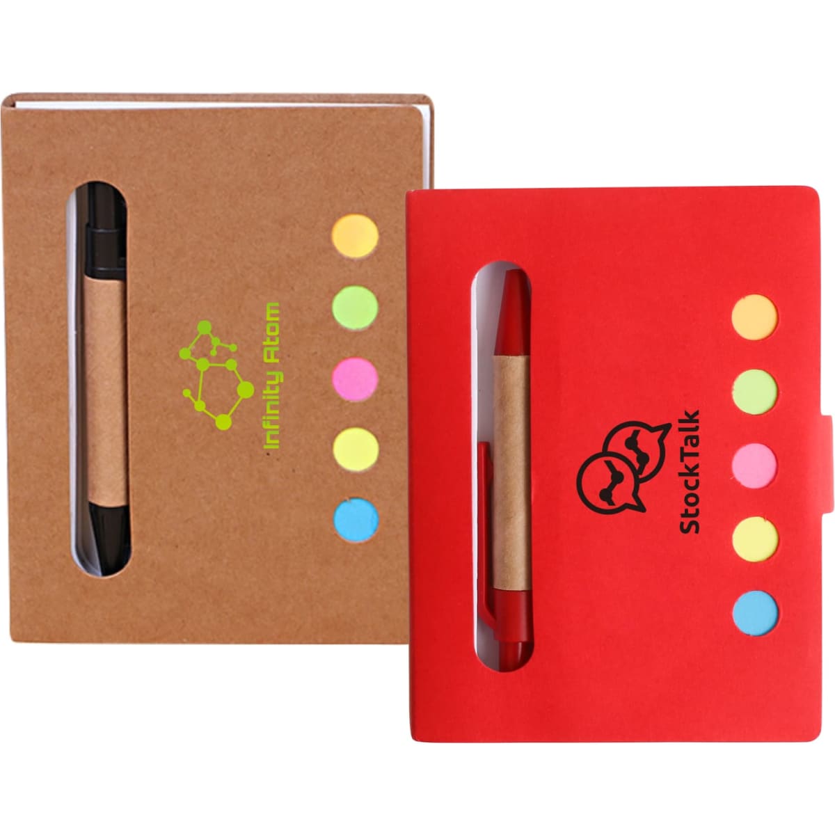 A red and brown sticky notes holder featuring a pen and colourful sticky notes, with logos on both covers.