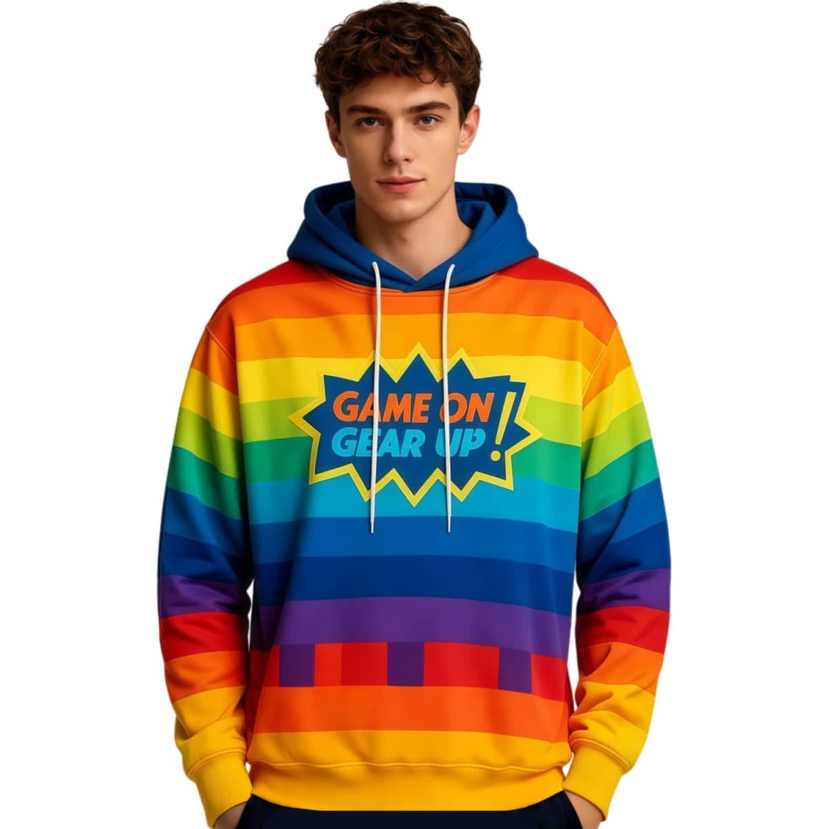 A unisex adults hoodie featuring a vibrant rainbow design with a blue hood and a logo on the front.
