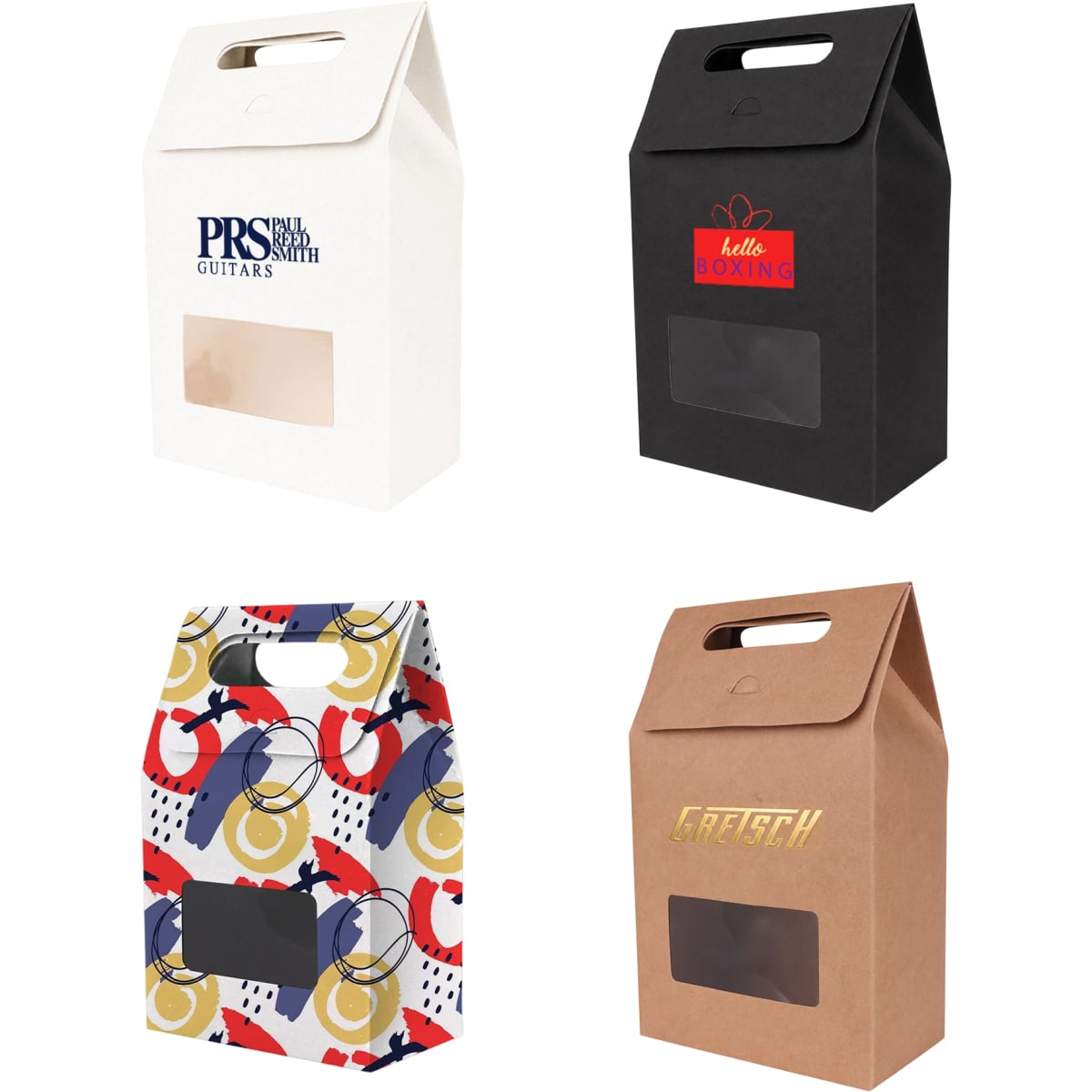 Four die cut handle bags with window in white, black, and patterned designs, showcasing various styles and branding.