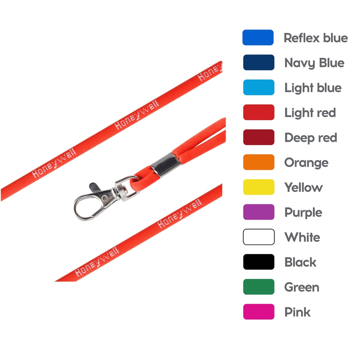 A red poly rope lanyard with a metal clasp, featuring a branding logo and a colour reference guide.