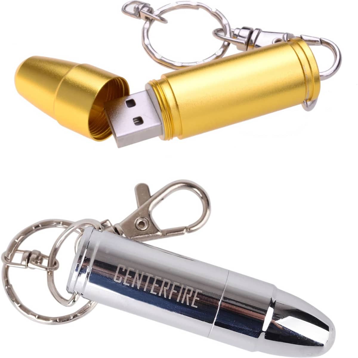 A gold and silver bullet-shaped flash drive displayed with keychain attachments, featuring a logo on the silver model.