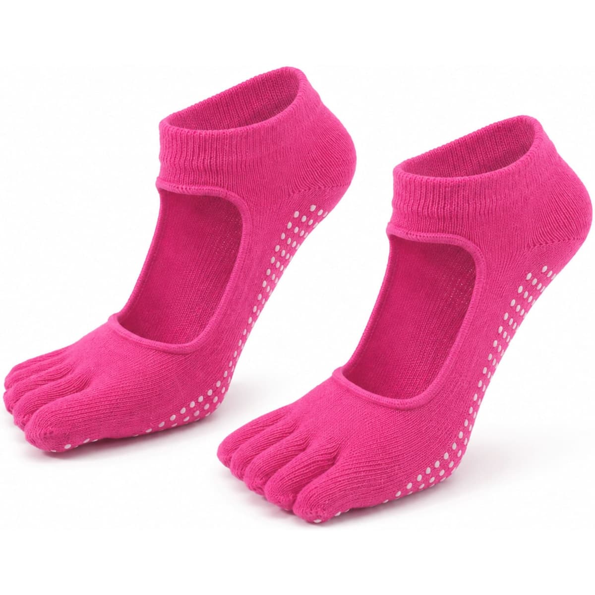 A pair of bright pink open top yoga toe socks with grip dots on the soles and a slight ankle rise.