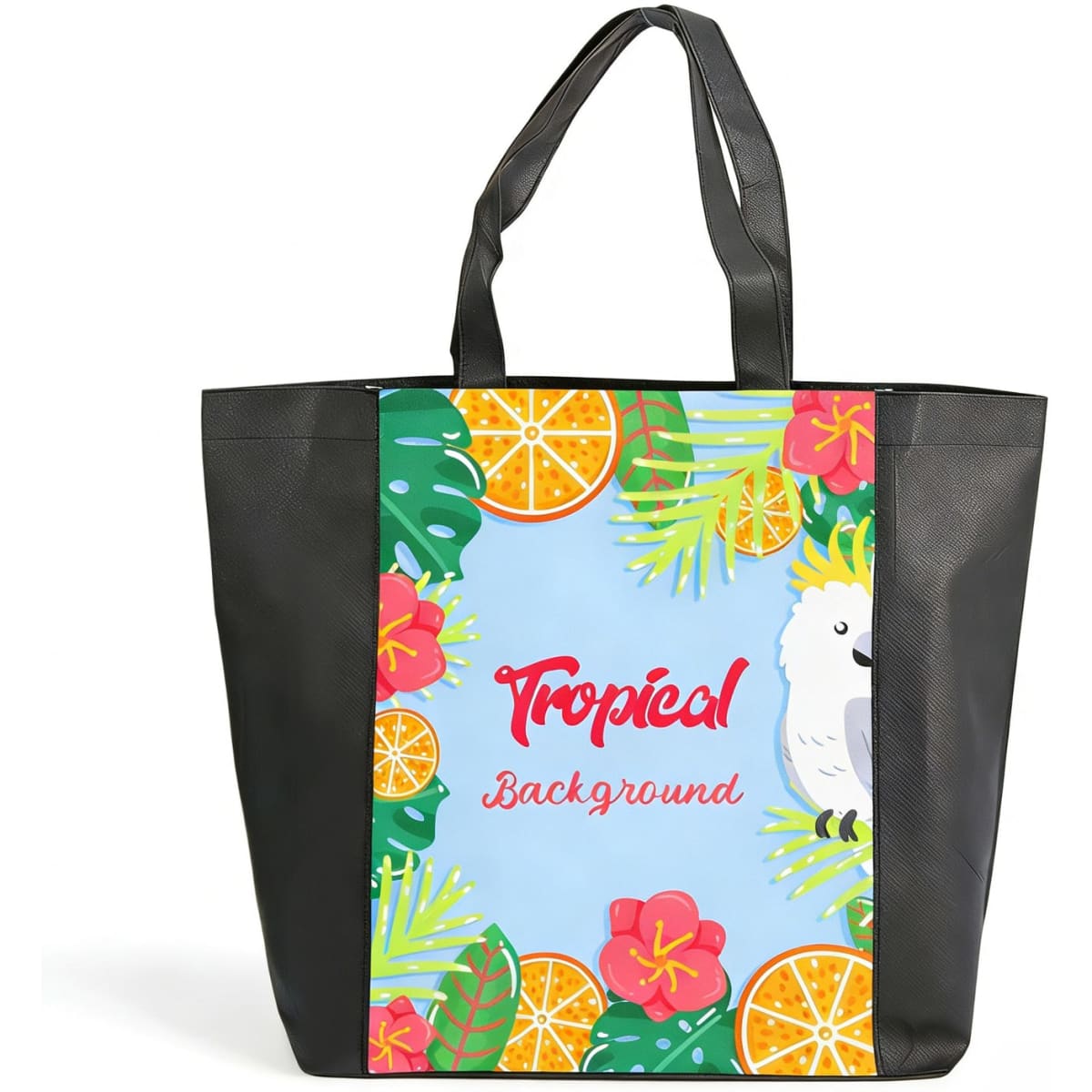 A tote bag featuring a vibrant tropical design with flowers, fruits, and a bird, complemented by black handles.