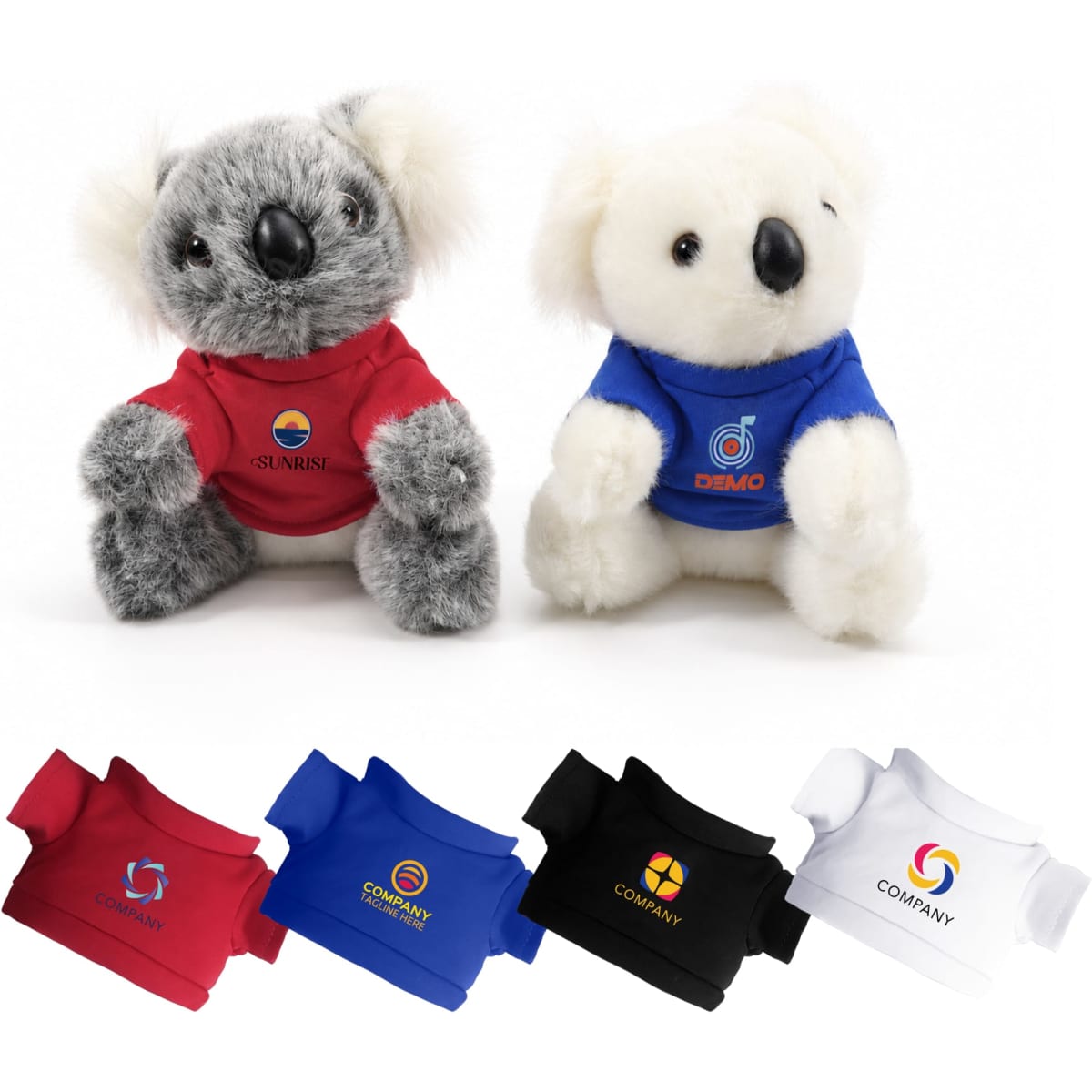 Two koala plush toys wearing red and blue shirts, displayed alongside shirt samples in black and white.