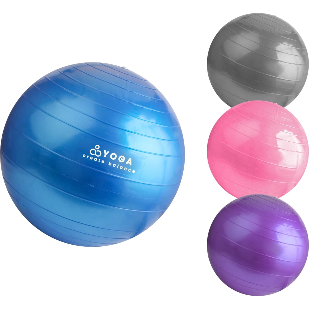 A PVC yoga ball set featuring blue, grey, pink, and purple colours, with a logo on the blue ball.