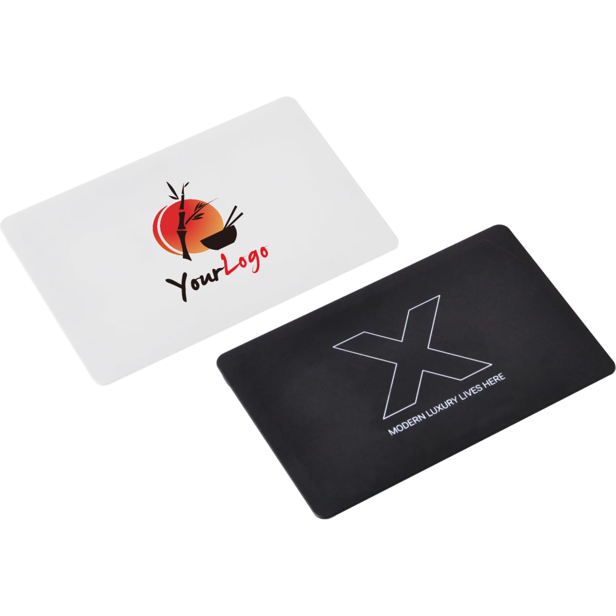A flip card flash drive featuring a white side with a logo and a black side with different branding elements.