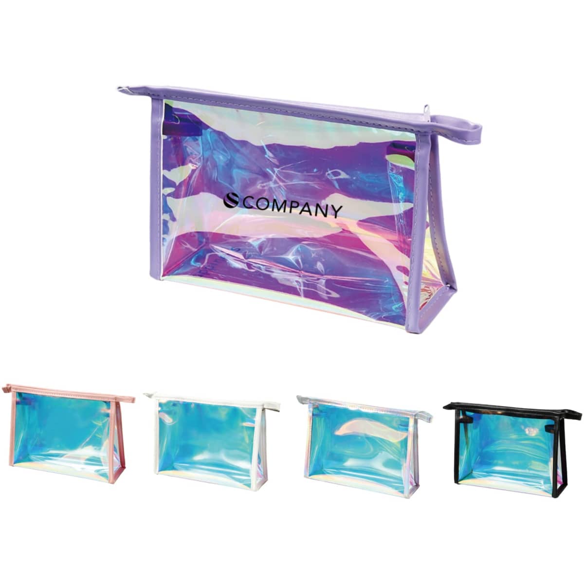 A transparent, holographic cosmetic bag in purple, with a zipper closure and a logo. Available in pink, silver, and black options.