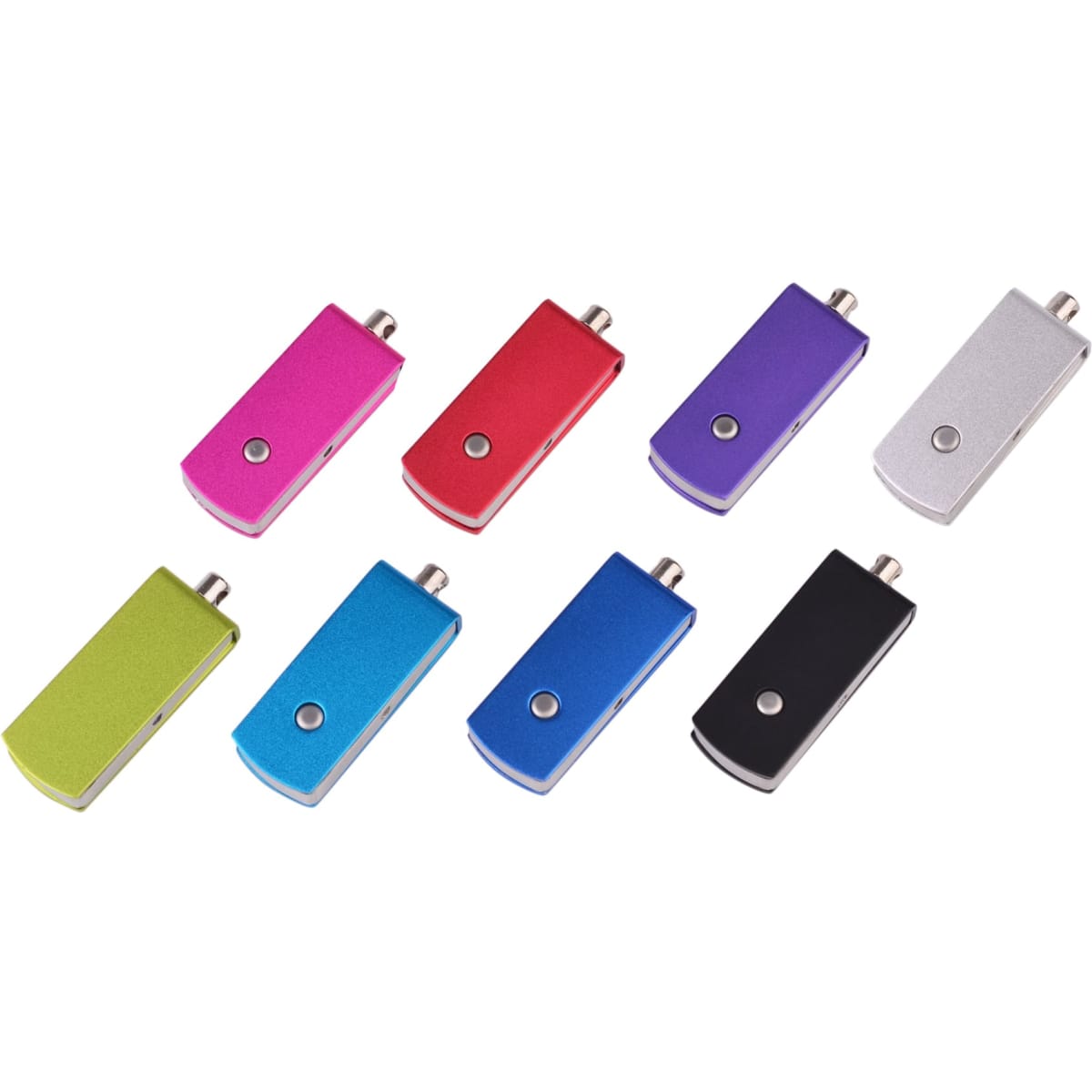 A collection of nine Puller Swivel Flash Drives in pink, red, purple, silver, green, blue, and black. Each has a logo.