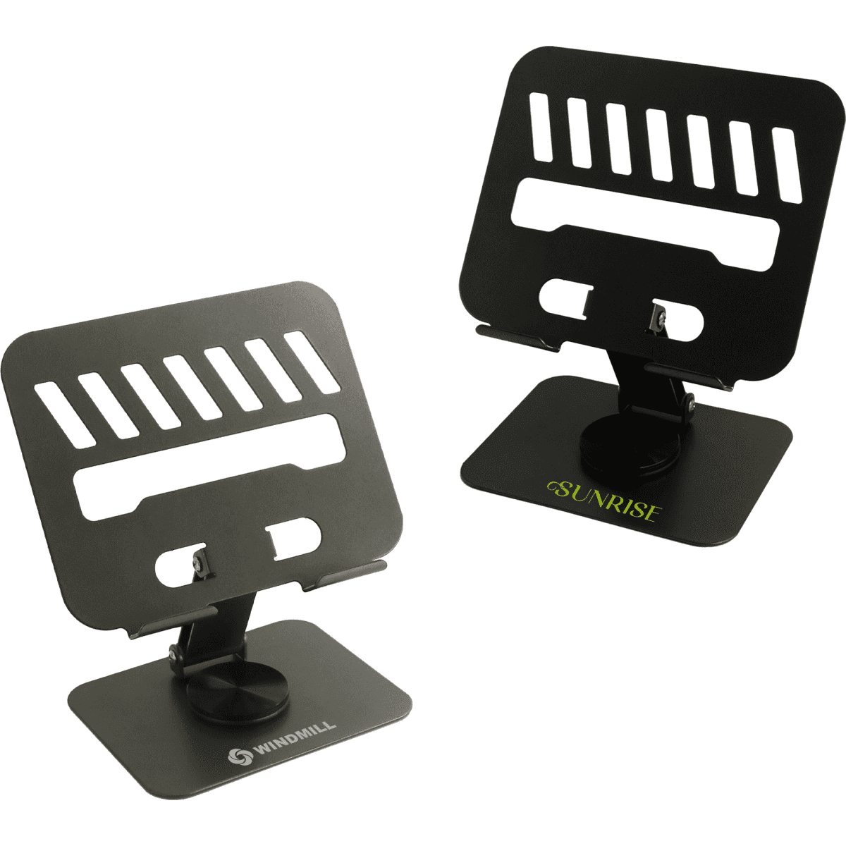 Two foldable metal tablet stands in black, featuring various slots and a base for stability, one with a logo.