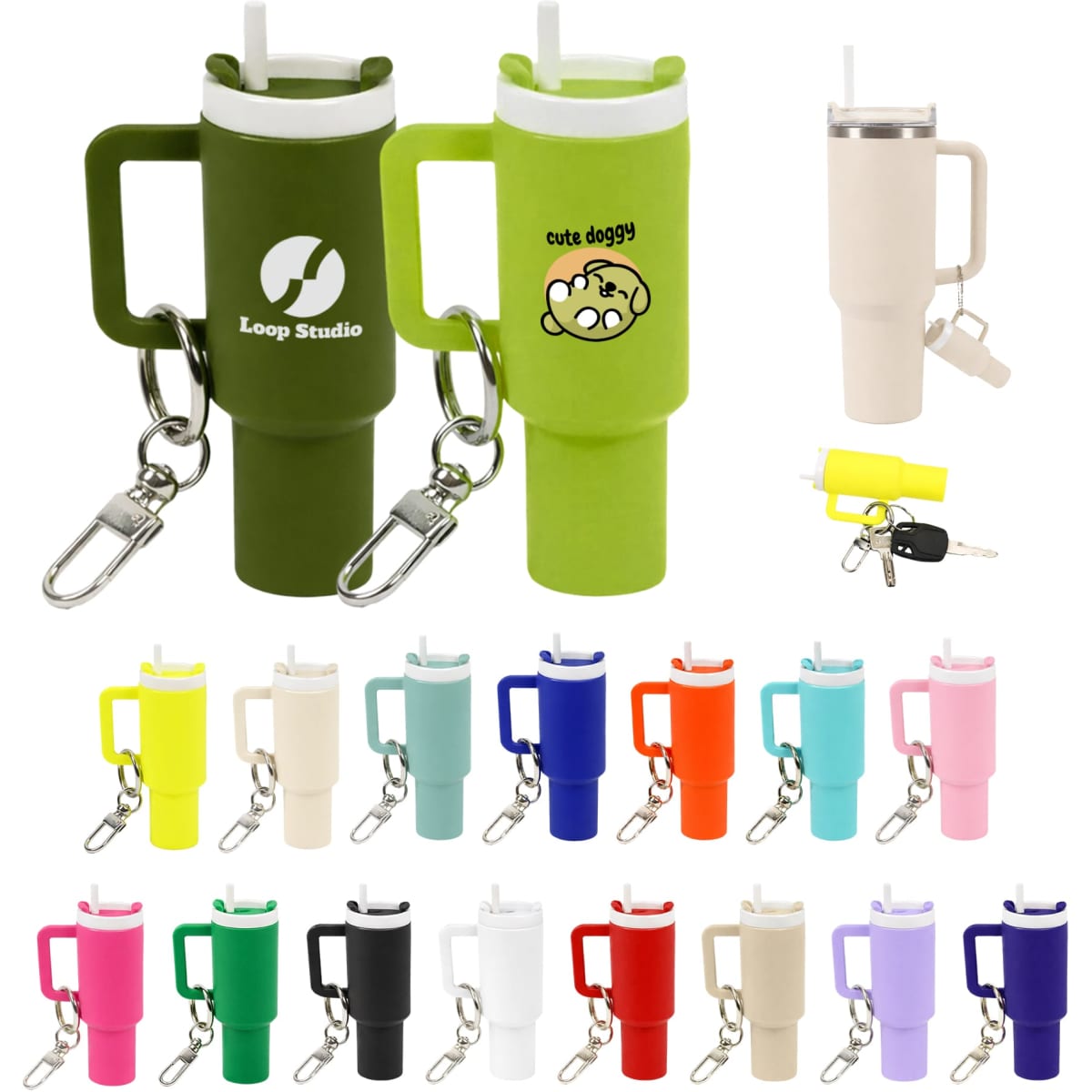 A drink bottle keyring in various colours, featuring a handle, straw, and a branding logo on some designs.