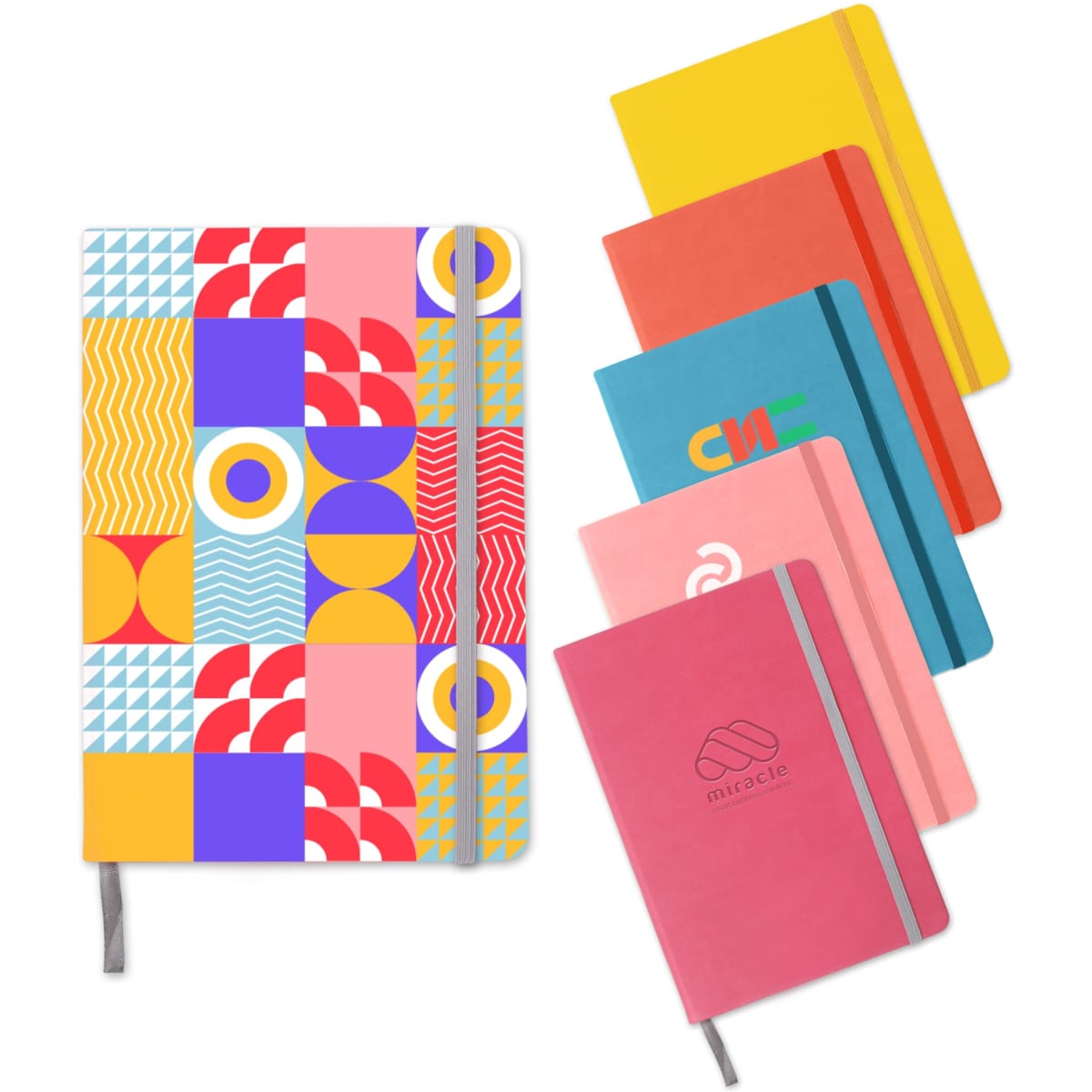 A5 PU cover notebook in a colourful geometric pattern alongside solid-coloured notebooks. All notebooks feature elastic closures.