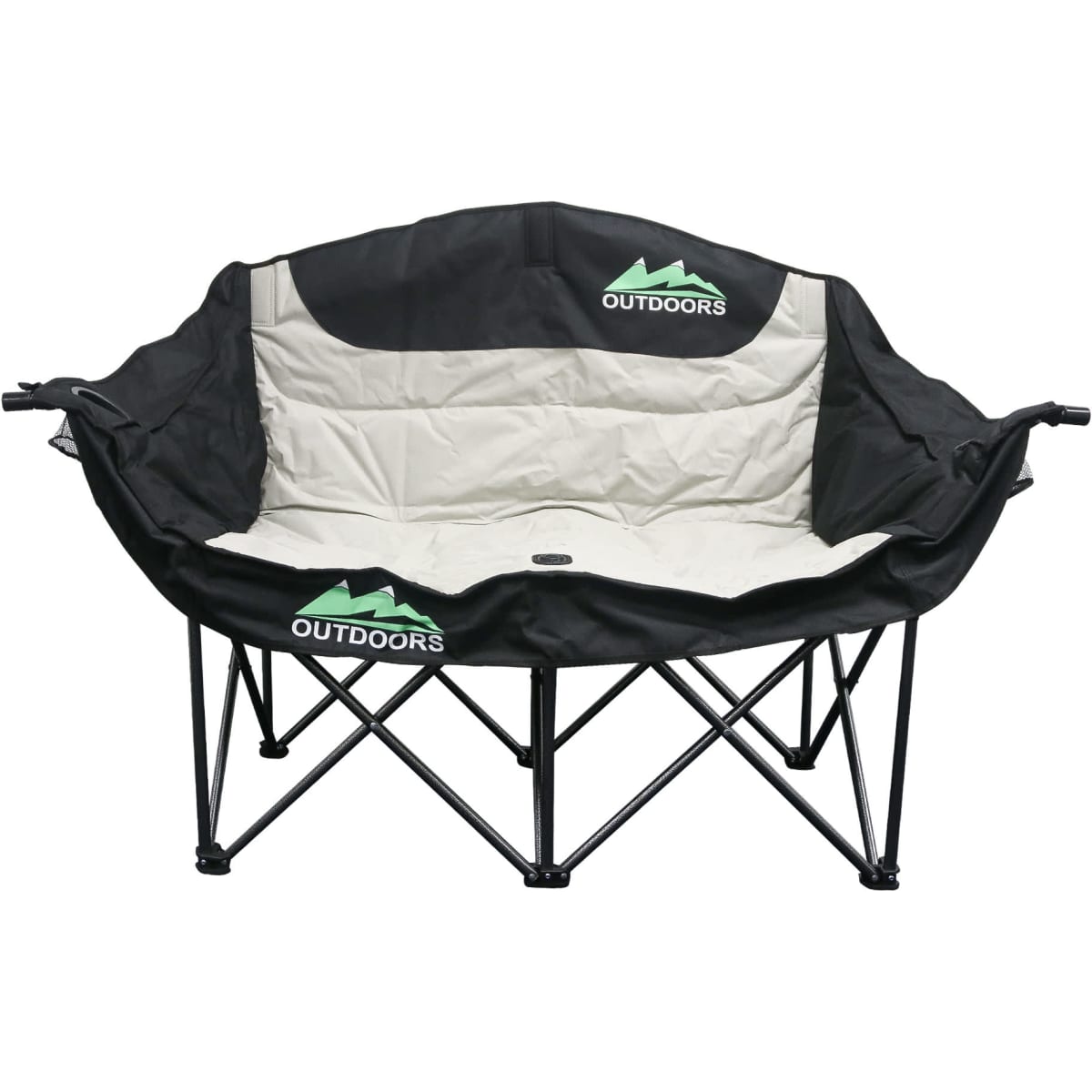 A double foldable portable camping chair in black and light grey with a logo. It features a sturdy frame and ample seating.