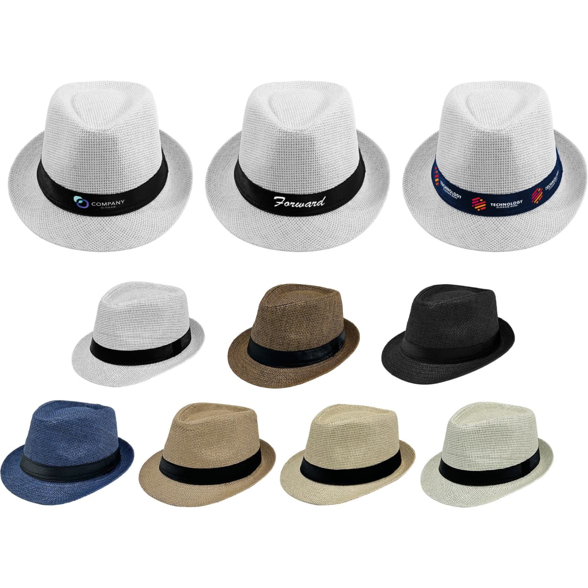 A collection of straw hats in various colours, including white, brown, black, and beige, with multiple band designs.