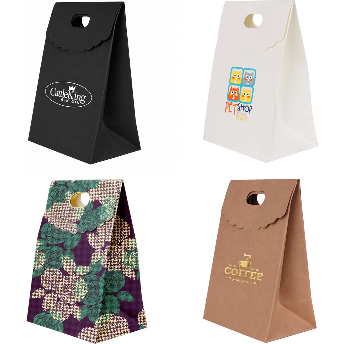 A collection of die cut handle bags in black, white, purple, and brown, featuring various designs and logos.