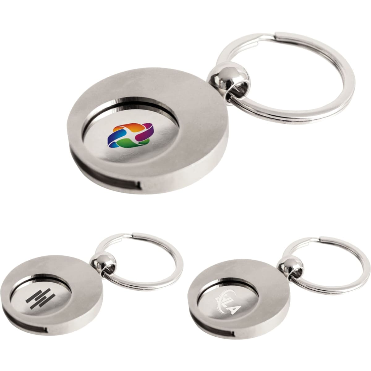 A metallic round trolley coin keyring featuring multiple designs, with a keyring loop attached.