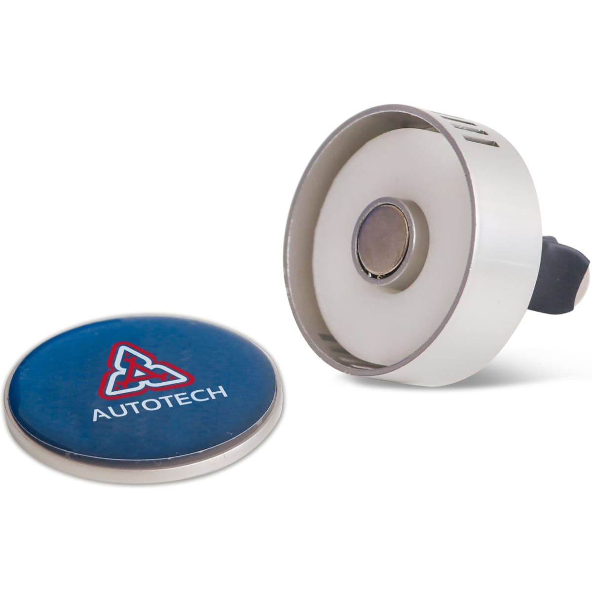 A car clip air freshener in white and blue, featuring a round magnetic component and a logo.