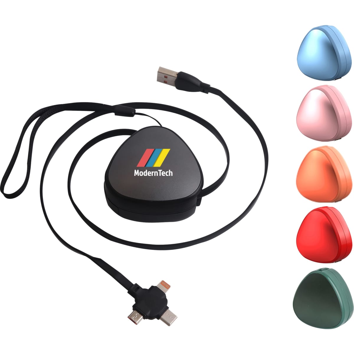 A portable 3-in-1 retractable charging cable in a triangular shape, available in multiple colours with a logo.