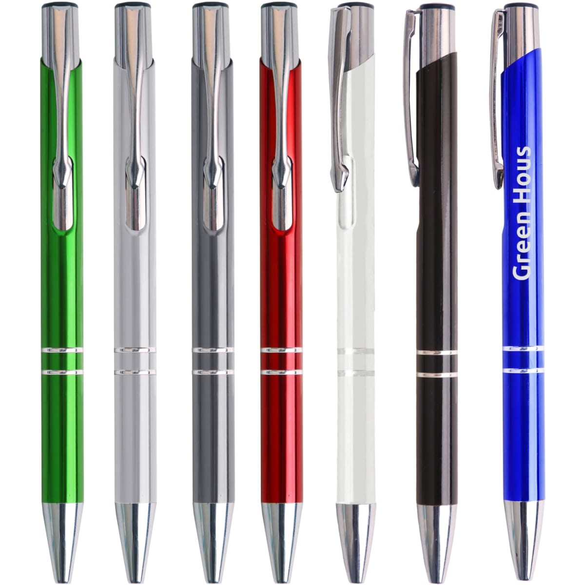 A set of eight aluminium click pens in green, silver, red, black, white, and blue, featuring a logo on one pen.