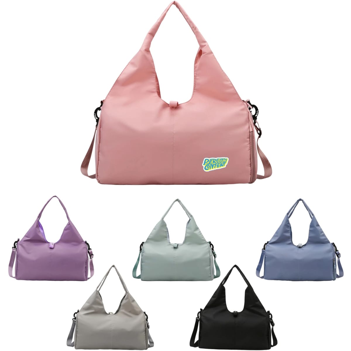 A pink duffle bag with a yoga mat strap, alongside options in lavender, grey, green, and black. The bag has a logo.