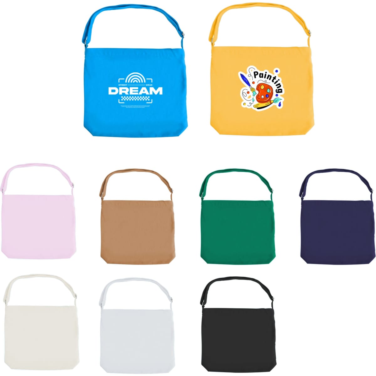 A collection of canvas tote bags in various colours, with long straps and some featuring logos or designs.